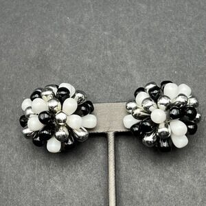 Vintage Clip On Earrings Black White Silver Tone Beaded Cluster Retro Costume